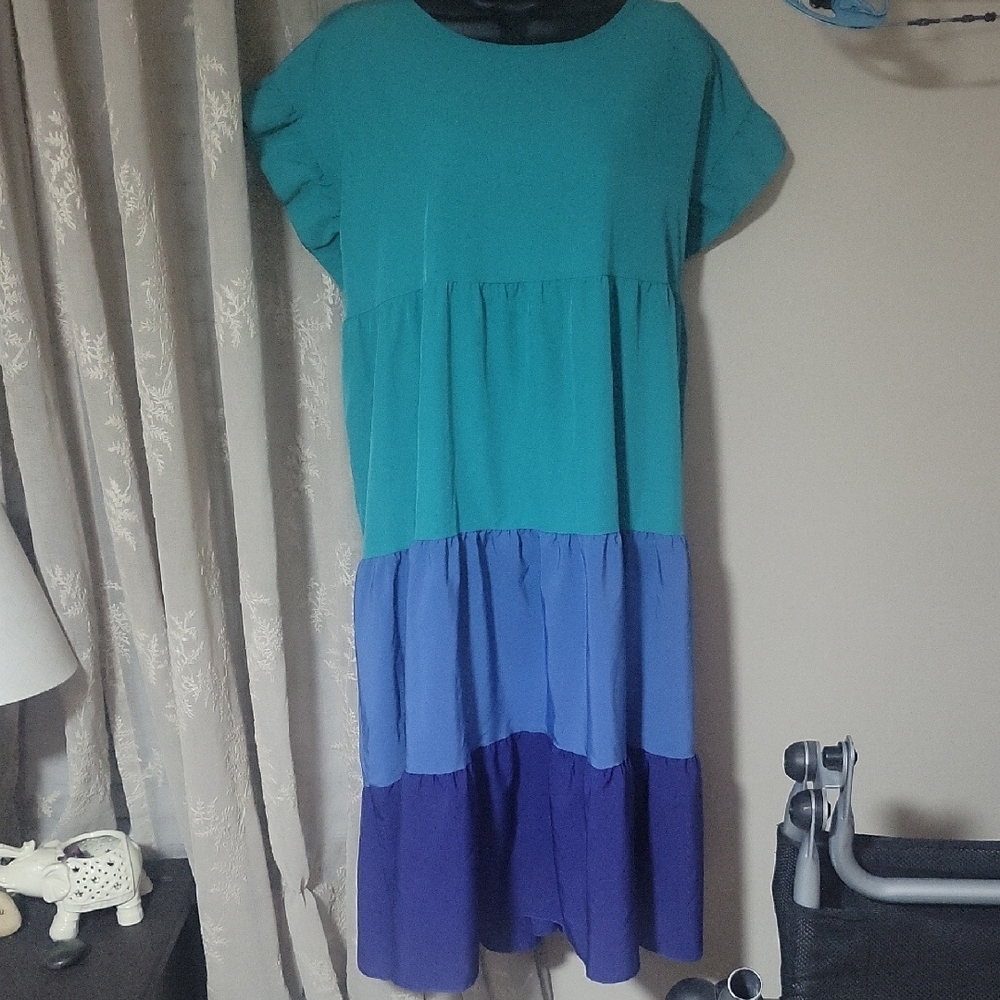 Blue Casual Midi Sundress with Dolman Sleeves